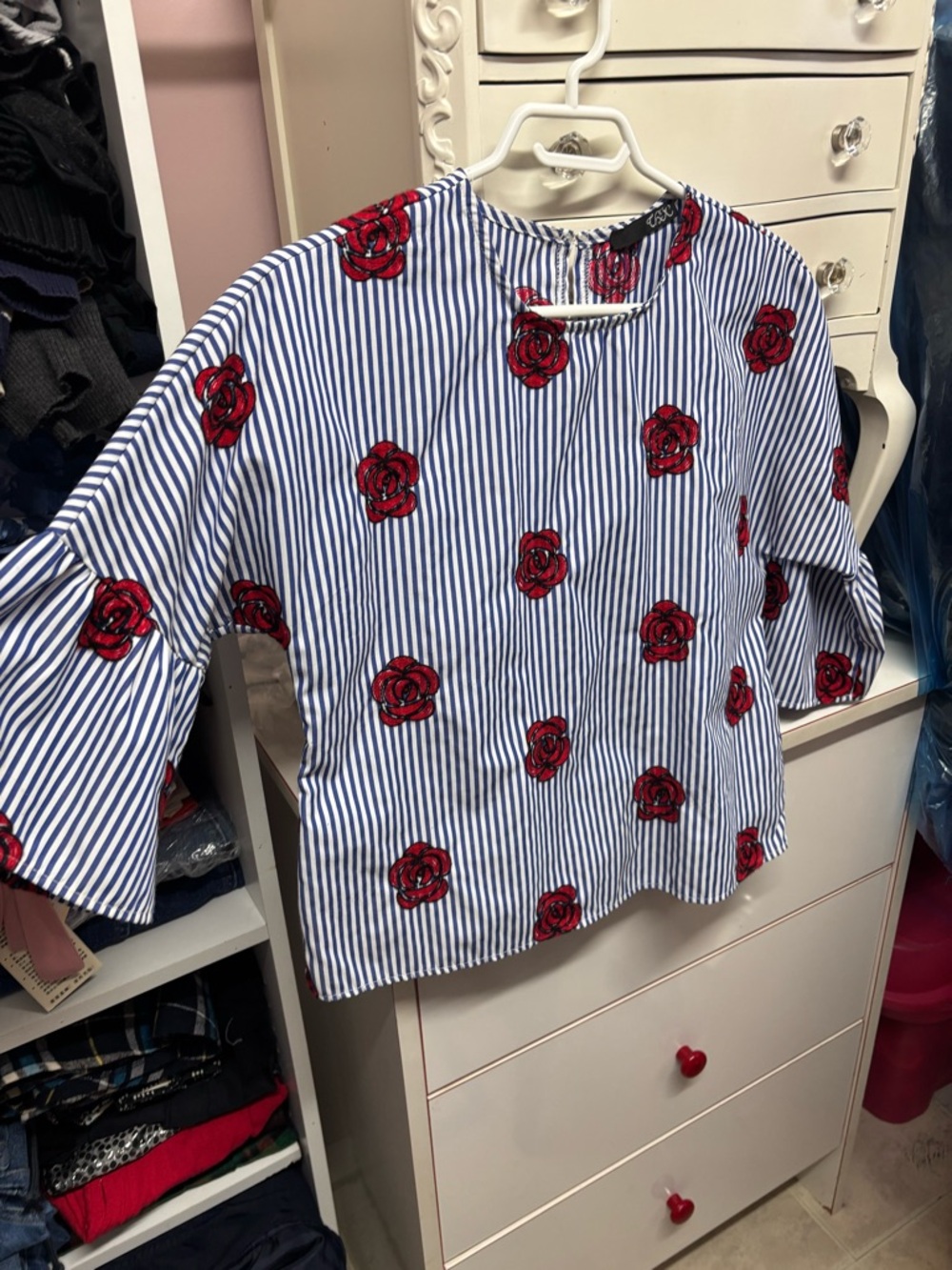 Girls Blue & White Striped Top with Red Rose Embroidery